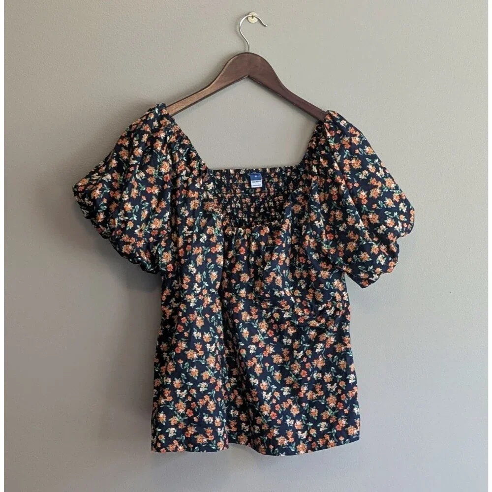 Old Navy Womens XL Puff Sleeve Smocked Babydoll Top Navy Orange Floral Blouse